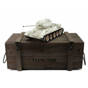 Taigen T-34/85, Version Winter in der Metall-Edition 1:16 mit IR-System, Rohrrückzug und Xenonblitz und Transportbox aus Holz