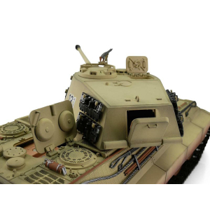 Taigen Tigre Royal, version desert, edition métal 1:16 avec unité de tir BB / Fumé de canon, V3 platine et caisse de transport en bois