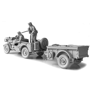 SOL - 1/16 U.S. Army 1/4t 4x4 Jeep mit T-3 Anhänger, zwei Figuren und Zubehör, Bausatz aus Resin
