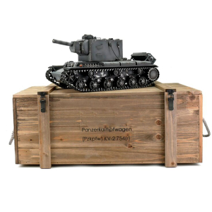 Taigen KV-2, Black Edition in der Metall-Edition 1:16 mit IR-System, Rohrrückzug und Xenonblitz, V3 Platine und Transportbox aus Holz