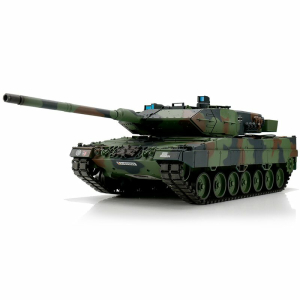 Heng Long Leopard 2A6, version camouflage 1:16 avec unité de tir BB/system IR, bras de suspension en métal, platine V6.OS et caisse de transport en bois 