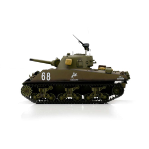 Heng Long M4A3 Sherman 105mm Howitzer, Version grün in 1:16 mit BB-Einheit und IR-System, V7.0-Platine und Transportbox aus Holz 