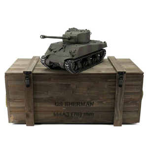 Taigen M4A3 Sherman (76mm), Version Tarn in der Metall-Edition 1:16 mit KWK Rauch, IR-System, Rohrrückzug und Xenonblitz, Platine V3 und Transportbox aus Holz