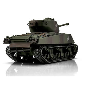 Taigen M4A3 Sherman (76mm), version camouflage, edition métal 1:16 avec unité de recul de canon via servo, flash xenon, systeme IR, platine V3 et caisse de transport en bois